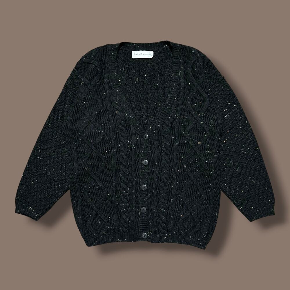 Vintage 90s Cardigan Sweater Cable Knit Black Speckled Flecks Button Front